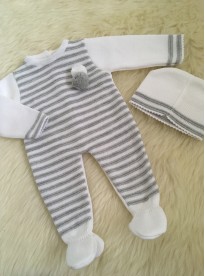 baby boys knitted romper pom poms grey white stripe matching hat 