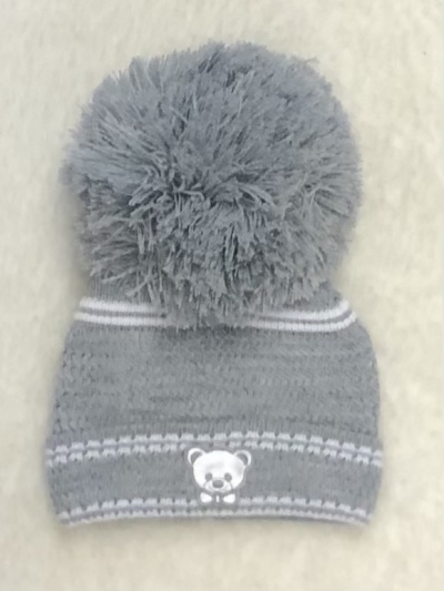 unisex grey knitted teddy  pom pom hat 