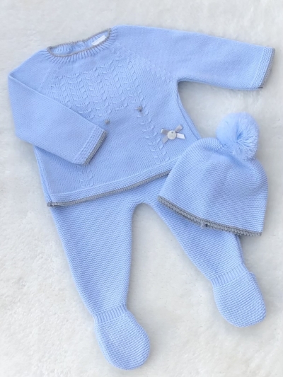 baby boys hlue knitted set jumper trousers hat