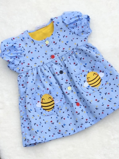 girls blue cotton dress with bee motif 