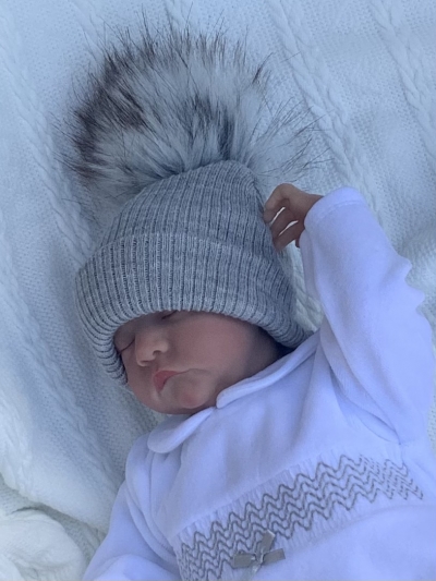 babies unisex grey faux fur pom pom hat