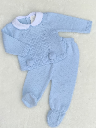 baby blue knitted jumper trousers pom poms