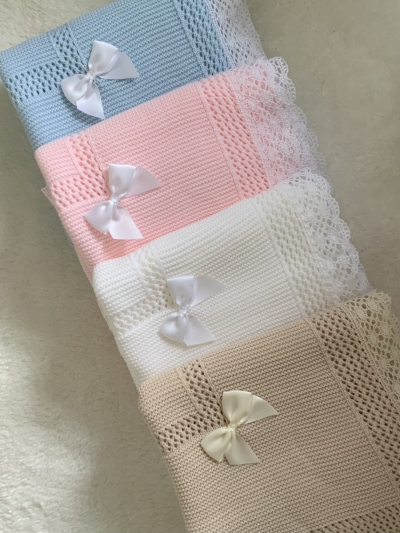 babies knitted shawl blanket lace trim biscuit beige blue white pink 