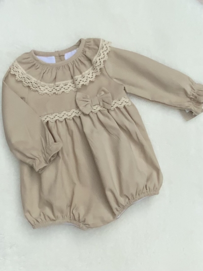 baby girls beige fine cord romper with lace 