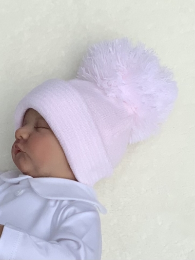 baby girl pink white knitted pom pom hat