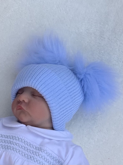 babies baby blue faux fur  double pom pom hat