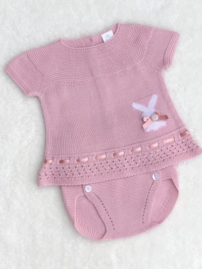spanish baby girls dusky pink bunny rabbit knitted set top jam pants