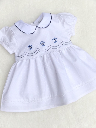 baby girls white dress navy blue embroidery 