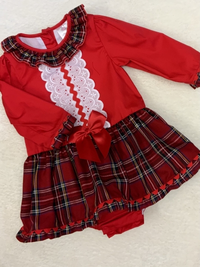 baby girls red cotton romper tartan mock skirt