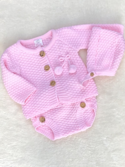 baby girls pink knitted cardigan jam pamts har pom poms