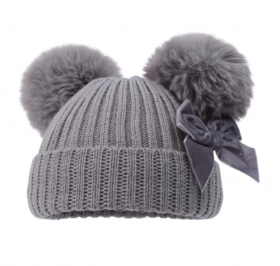 baby girls grey knitted faux fur pom pom hat velvet bow