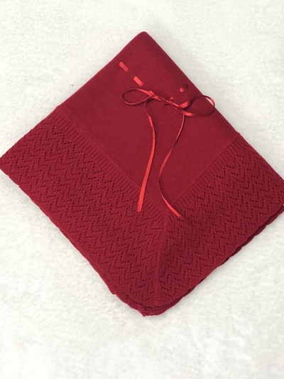 large knitted red baby shawl  