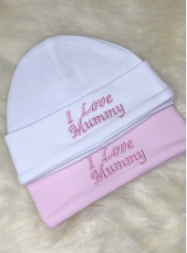 ‘i love mummy ‘ baby girls ponk white cotton hat