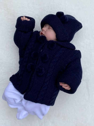 baby boys navy blue knitted coatigan hat pom poms