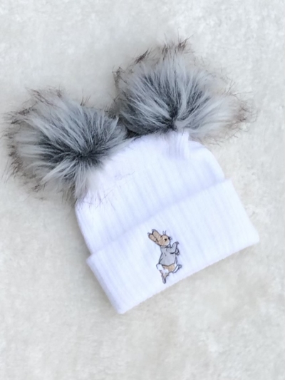 unisex grey double knitted pom pom hat bunny rabbit 