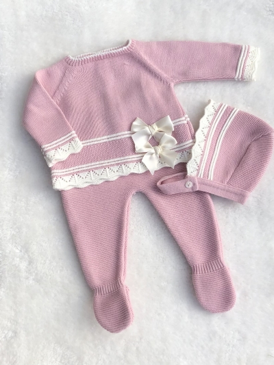 baby girls knitted dusky pink cream jumper trousers bonnet