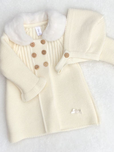 baby girls cream knitted coatigan coat cardigan bonnet 