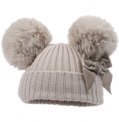 baby girls beige biscuit knitted hat pom poms bow