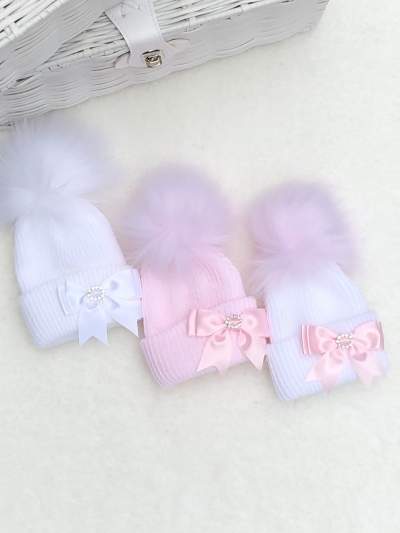 baby girls white knitted diamante bow hat