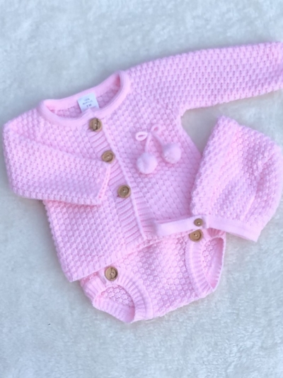 baby pink knitted cardigan jam pants and bonnet pom poms