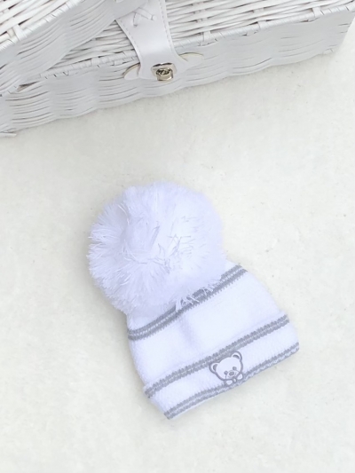 babies newborn unisex white grey knitted pom pom hat