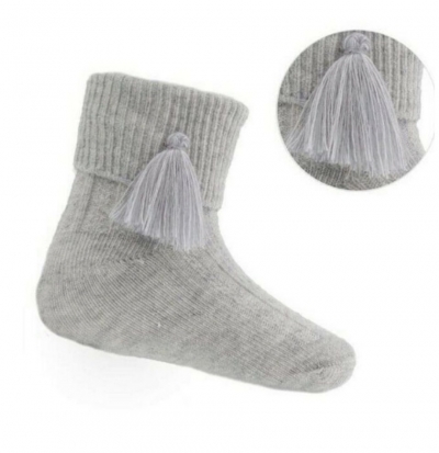 babies grey turn over ankle socks tassel