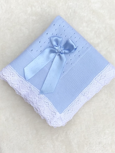 lace edged knitted baby shawl blue white