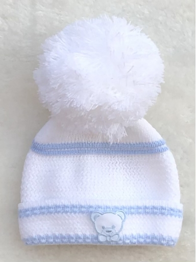 baby boys knitted pom pom hat teddy motif