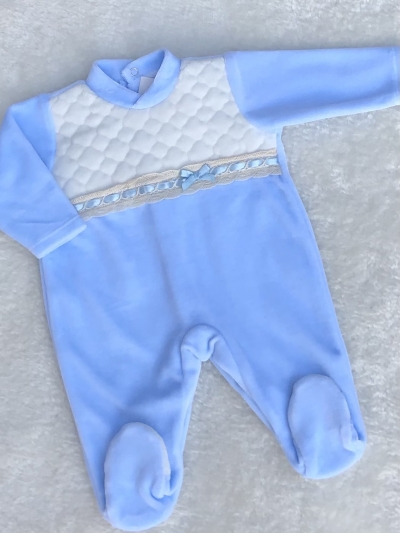 baby boys blue velour romper quilted detailing