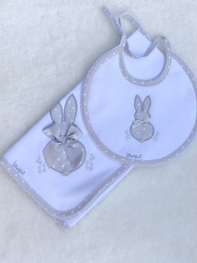 martifanel bunny rabbit bib matching blanket grey