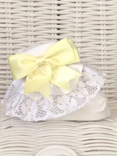 baby girls white frilly lace ankle socks lemon  bow