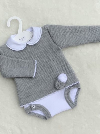 babies knitted grey white jumper jam pants pom poms