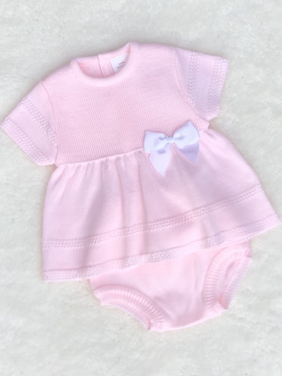 baby girls pink knitted tunic dress and pants  white bow
