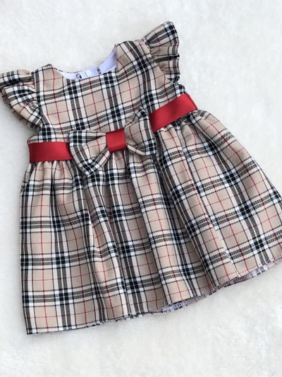 beige checked dress with bow