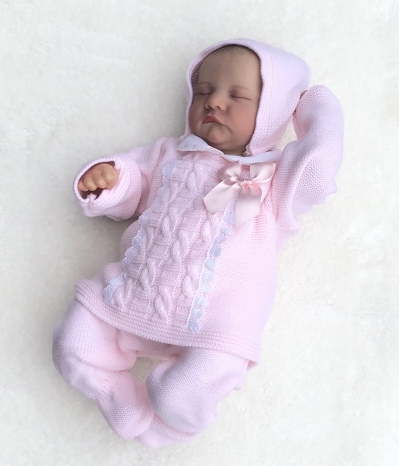 baby girls pink knitted 3 piece set jumper trousers bonnet