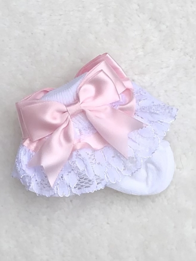 baby girls white lace ankle socks pink bow
