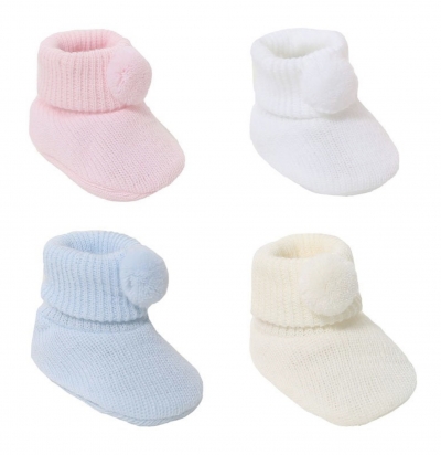newborn babies knitted bootees pom poms