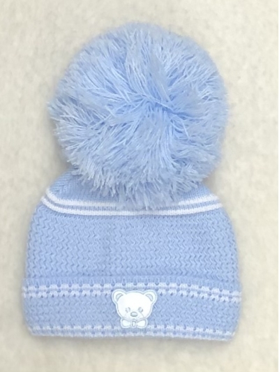 baby noys knitted oversized pom pom hat blue