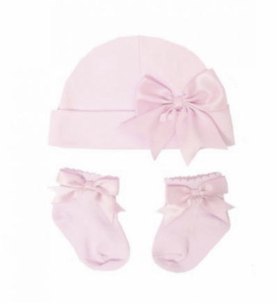 baby girls pink cotton hat socks with satin bow