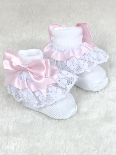traditional baby girls  white lace pink bow  ankle socks