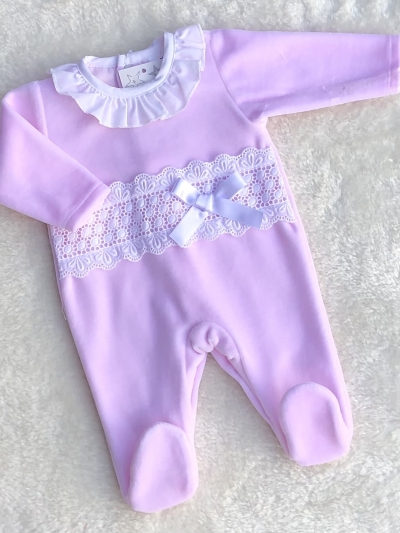 baby girls pink velour romper lace bow
