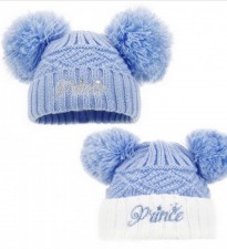 baby boys prince knitted pom pom hat blue white