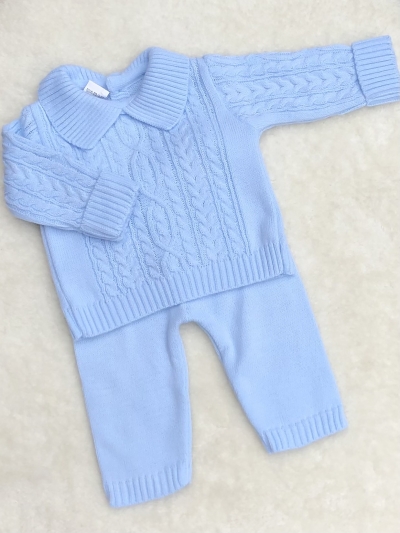 baby boys blue cable knitted jumper trousers loungewear