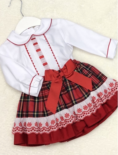 girls red tartan skirt matching white blouse 