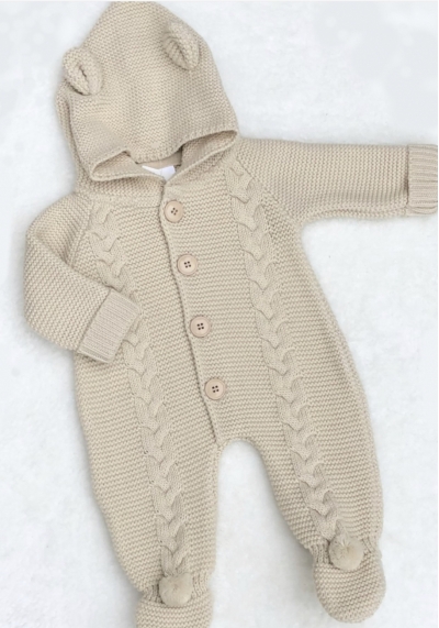 unisex beige biscuit knitted all in one romper pramsuit