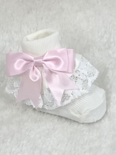 traditional baby girls lace ankle socks  pink ivory