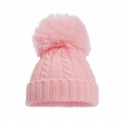 baby girls pink cable knit pom pom hat