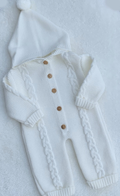 babies cable knitted pram suit in white pom pom 