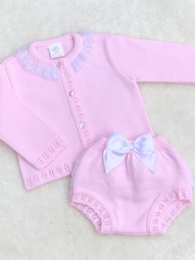 Dusky Pink Spanish Style Baby Girl Knitted 2 Piece Top & Jam Pants Set 