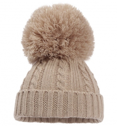babies unisex coffee/beige cable knitted hat pom pom  